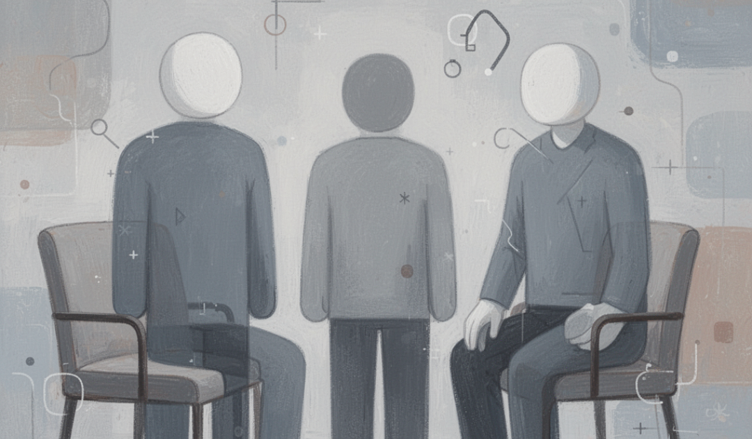 Three neutral people, with blank faces, in gray.